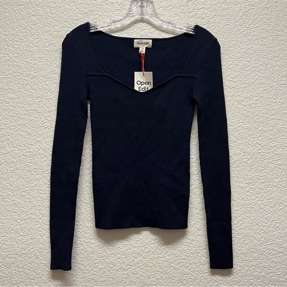 OPEN EDIT Navy Baritone Ribbed Knit Long Sleeve Sweater Top XS XXS NWT - Picture 4 of 6